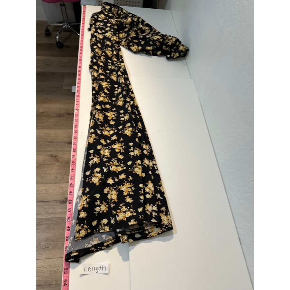 Floral Midi Dress Black Yellow Cottagecore Long Balloon Sleeve Slit L Babydoll - Picture 10 of 12